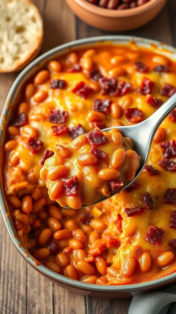 A baked bean casserole with bacon and cheese, served on a rustic table with bread.